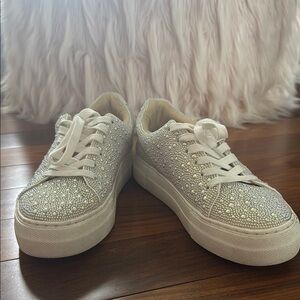 Betsey Johnson White Crystal Embellished Platform Sneakers